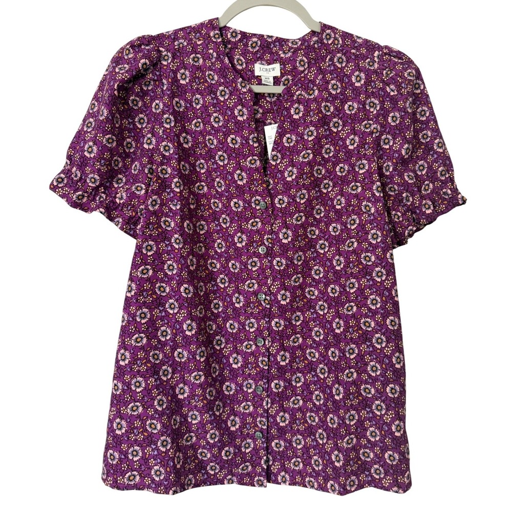 J.Crew Womens Purple Floral Puff Sleeve Button Front Blouse CH416 XS NEW